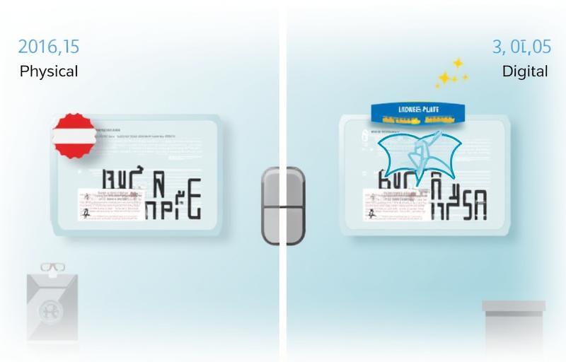 Illustrative image showing a comparison between a physical vignette sticker and a digital representation linked to a license plate